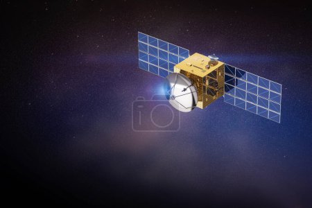 Téléchargez les photos : Parabole de rendu 3d avec panneau solaire dans l'espace - en image libre de droit