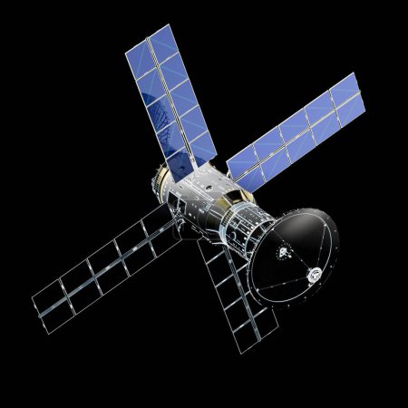 Foto de 3d representación parabólica de marco alámbrico con panel solar aislado sobre fondo negro - Imagen libre de derechos