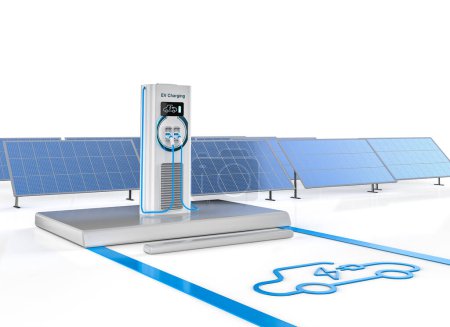 Foto de 3d renderizado EV estación de carga o estación de recarga de vehículos eléctricos con paneles solares para el medio ambiente - Imagen libre de derechos