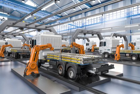 Téléchargez les photos : Automatisation usine automobile avec la chaîne d'assemblage de robot de rendu 3d produire un camion électrique - en image libre de droit