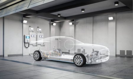 Foto de 3d renderizado garaje con cargador para coche eléctrico - Imagen libre de derechos
