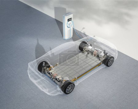 Photo for 3d rendering transparent ev car or electric vehicle plug in with recharging station - Royalty Free Image