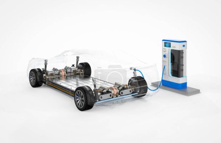 Foto de 3d haciendo transparente ev coche o vehículo eléctrico enchufe con la estación de recarga - Imagen libre de derechos