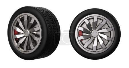 Foto de 3d renderizado neumático negro con rueda de aleación aislada en blanco - Imagen libre de derechos