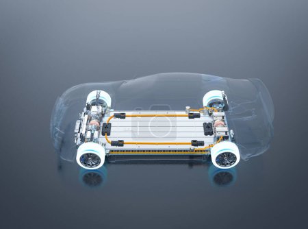 3d rendering electric car battery with pack of battery cells module on platform