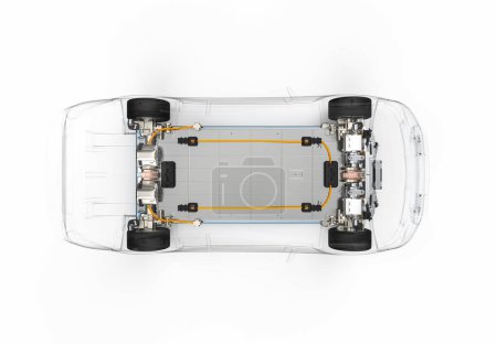 Foto de 3d renderizado batería de coche eléctrico con paquete de módulo de celdas de batería en la plataforma - Imagen libre de derechos