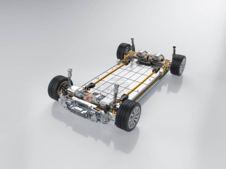 3d rendering electric car battery with pack of battery cells module on platform
