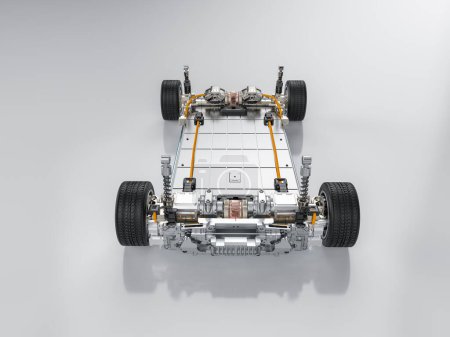 3D-Rendering Elektroauto-Batterie mit Batteriezellen-Modul auf Plattform
