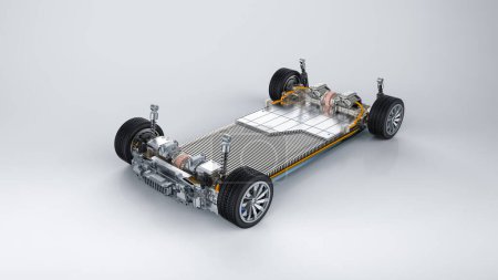 Téléchargez les photos : Batterie de voiture électrique de rendu 3d avec paquet de cellules de batterie module sur la plate-forme - en image libre de droit