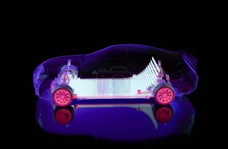 Foto de 3d renderizado batería de coche eléctrico con paquete brillante de módulo de celdas de batería en la plataforma - Imagen libre de derechos
