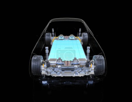 Téléchargez les photos : Batterie de voiture électrique de rendu 3d avec le paquet lumineux de module de cellules de batterie sur la plate-forme - en image libre de droit