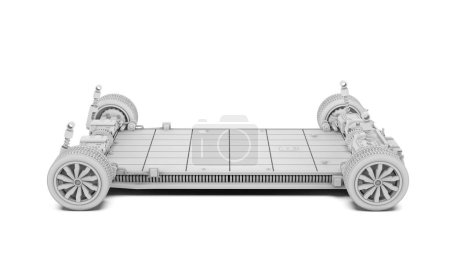 Foto de 3d renderizado modelo blanco de batería de coche eléctrico con paquete de módulo de celdas de batería en la plataforma - Imagen libre de derechos