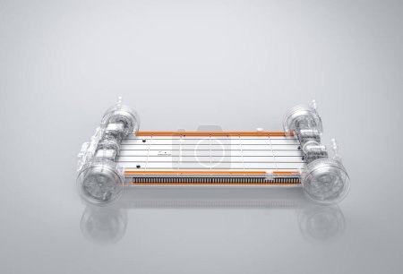 Foto de 3d renderizado batería de coche eléctrico con paquete de módulo de celdas de batería en la plataforma - Imagen libre de derechos