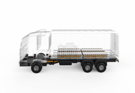 3d rendering ev logistic trailer truck or electric vehicle lorry with pack of battery cells module isolated
