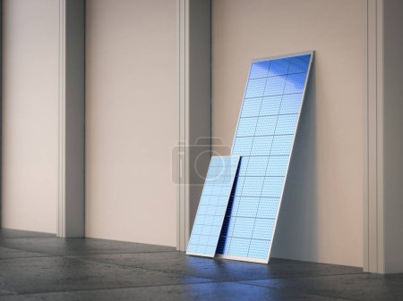 Foto de 3d renderizado panel solar se inclinan en la pared - Imagen libre de derechos