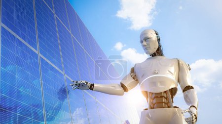Foto de Concepto de energía inteligente 3d renderizado robot trabajo con paneles solares - Imagen libre de derechos