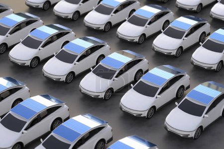 Téléchargez les photos : 3d rendu blanc ev voitures ou véhicule électrique avec source d'énergie à partir du panneau solaire - en image libre de droit