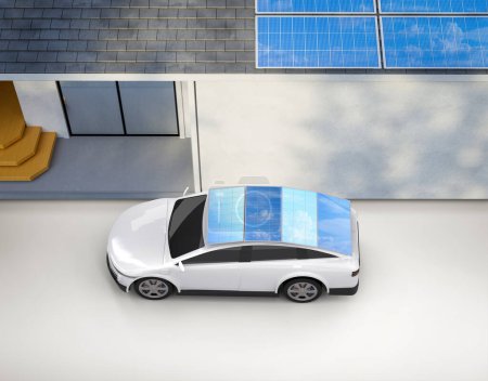 Foto de 3d renderizado blanco ev coche o vehículo eléctrico con fuente de energía del panel solar - Imagen libre de derechos