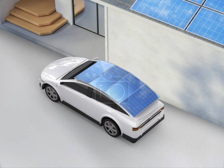 Foto de 3d renderizado blanco ev coche o vehículo eléctrico con fuente de energía del panel solar - Imagen libre de derechos