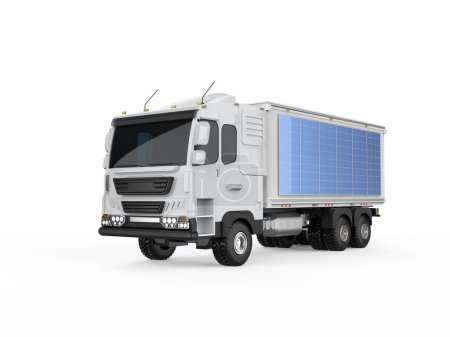 Foto de 3d renderizado ev camión remolque logístico o camión vehículo eléctrico con fuente de energía del panel solar - Imagen libre de derechos