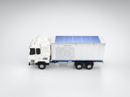 Téléchargez les photos : Camion logistique de remorque de rendu 3d ev ou camion de véhicule électrique avec la source d'énergie du panneau solaire - en image libre de droit