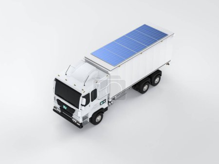 Foto de 3d renderizado ev camión remolque logístico o camión vehículo eléctrico con fuente de energía del panel solar - Imagen libre de derechos