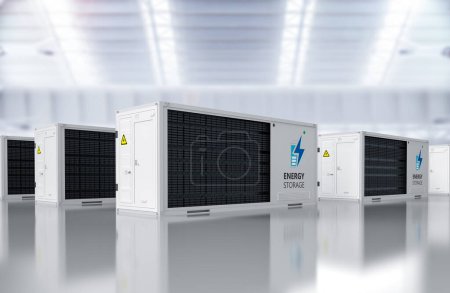 Foto de Grupo de renderizado 3d del sistema de almacenamiento de energía o unidades de contenedores de batería en fábrica - Imagen libre de derechos