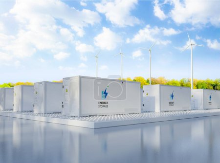 3D-Rendering-Menge von Energiespeichern oder Batteriecontainereinheiten mit Turbinenfarm