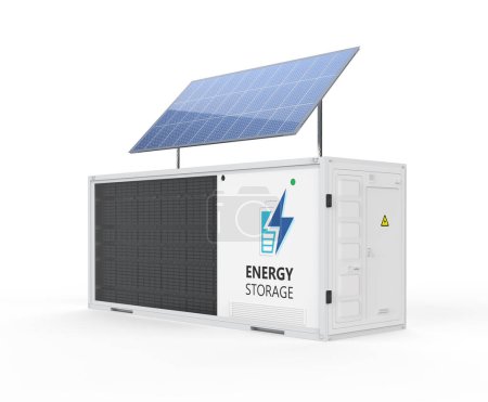 Téléchargez les photos : Système de stockage d'énergie de rendu 3d ou unité de conteneur de batterie avec panneaux solaires - en image libre de droit