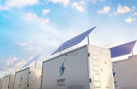 3D-Rendering-Gruppe von Energiespeichern oder Batteriecontainereinheiten mit Sonnenkollektoren