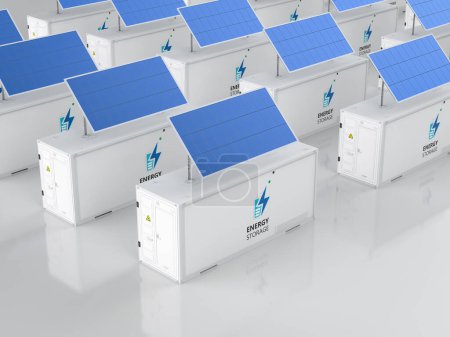 Foto de Grupo de renderizado 3d de sistemas de almacenamiento de energía o unidades de contenedores de batería con paneles solares - Imagen libre de derechos