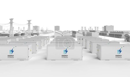 Téléchargez les photos : Système de stockage d'énergie de rendu 3d ou unité de conteneur de batterie avec parc industriel intelligent pour le développement d'infrastructures - en image libre de droit