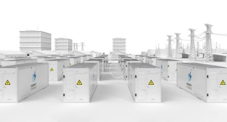 Foto de 3d sistema de almacenamiento de energía de renderizado o unidad de contenedor de batería con parque de polígonos industriales inteligentes para el desarrollo de infraestructura - Imagen libre de derechos