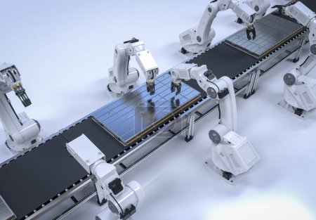 Téléchargez les photos : Fabrication automatisée de batteries avec batterie de voiture électrique de rendu 3d ou paquet de cellules de batterie produit par des bras robotiques - en image libre de droit