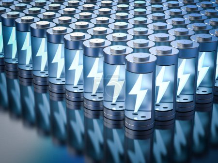 Photo for 3d rendering group of li-ion or rechargeable batteries with bolt - Royalty Free Image