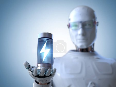 Téléchargez les photos : Batterie de recharge automatique avec rendu 3d li-ion ou batteries rechargeables dans la main du robot assistant - en image libre de droit