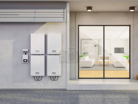 Foto de 3d renderizado garaje en casa con cargador ev y sistema de almacenamiento de energía - Imagen libre de derechos