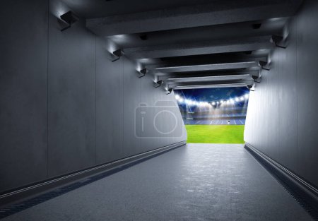 Téléchargez les photos : Tunnel de rendu 3d dans le stade avec terrain de football vert - en image libre de droit