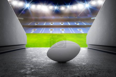 Téléchargez les photos : Balle de rugby de rendu 3D au stade - en image libre de droit
