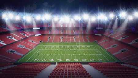 Téléchargez les photos : Terrain de football américain rendu 3d avec ligne de 50 verges dans le stade - en image libre de droit