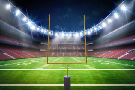 Téléchargez les photos : Terrain de football américain rendu 3d avec poteau de but dans le stade - en image libre de droit