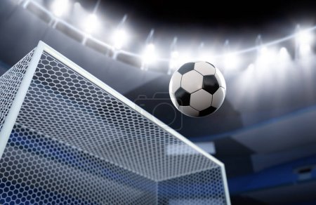 Photo for 3d rendering soccer or football ball through goal with stadium background - Royalty Free Image