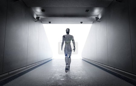 Téléchargez les photos : Technologie des sciences du sport avec vue arrière robot assistant de rendu 3d marchant dans le tunnel du stade - en image libre de droit
