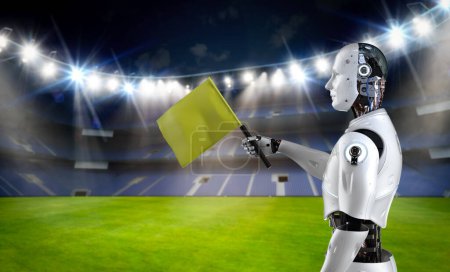 Téléchargez les photos : Assistante robotique de rendu 3d pour football ou arbitre de football tenant le drapeau - en image libre de droit