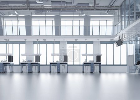 Foto de 3d laboratorio de renderizado interior o fábrica de fabricación con máquina, pantalla de computadora y escritorios - Imagen libre de derechos