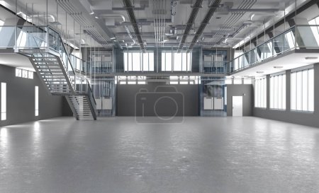 Foto de 3d laboratorio de renderizado interior o fábrica de fabricación con máquina, pantalla de computadora y escritorios - Imagen libre de derechos