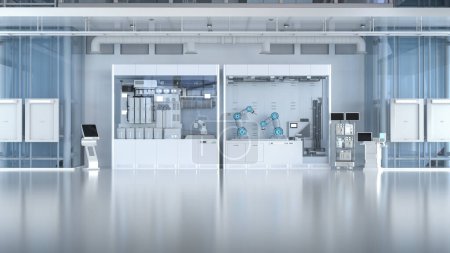 Foto de 3d laboratorio de renderizado interior o fábrica de fabricación con máquinas - Imagen libre de derechos