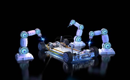 Foto de Automatización concepto de fábrica de automóviles con línea de montaje de robot de renderizado 3D con módulo de celdas de batería de coche eléctrico en la plataforma - Imagen libre de derechos