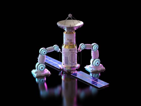 Foto de Concepto de tecnología de telecomunicaciones con 3D renderizado brazo robótico fabricación antena parabólica - Imagen libre de derechos