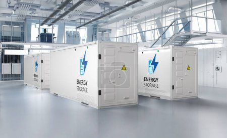 Foto de 3d cantidad de renderizado de sistemas de almacenamiento de energía o unidades de contenedores de batería en fábrica - Imagen libre de derechos